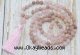 GMN6355 Knotted 8mm, 10mm sunstone, rose quartz & white jade 108 beads mala necklace with tassel