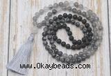 GMN6370 Knotted 8mm, 10mm black lava, black labradorite & cloudy quartz 108 beads mala necklace with tassel