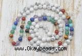 GMN6421 Hand-knotted 7 Chakra 8mm, 10mm white howlite 108 beads mala necklaces