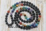 GMN6427 Hand-knotted 7 Chakra 8mm, 10mm black obsidian 108 beads mala necklaces