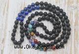 GMN6428 Hand-knotted 7 Chakra 8mm, 10mm black lava & lapis lazuli 108 beads mala necklaces