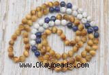 GMN6457 Knotted 8mm, 10mm golden tiger eye, lapis lazuli & matte white howlite 108 beads mala necklaces