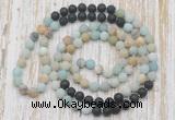 GMN6463 Hand-knotted 8mm, 10mm matte amazonite & black lava 108 beads mala necklaces