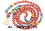 GMN6486 Knotted 7 Chakra 8mm, 10mm red agate 108 beads mala necklace with charm