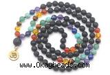 GMN6488 Knotted 7 Chakra 8mm, 10mm black lava 108 beads mala necklace with charm