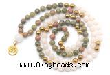 GMN6495 Knotted 8mm, 10mm unakite, white jade & hematite 108 beads mala necklace with charm