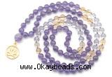 GMN6499 Knotted 8mm, 10mm amethyst, citrine & white crystal 108 beads mala necklace with charm