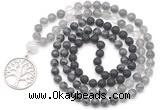 GMN6517 Knotted 8mm, 10mm black lava, black labradorite & cloudy quartz 108 beads mala necklace with charm