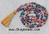 GMN675 Hand-knotted 8mm, 10mm colorfull banded agate 108 beads mala necklaces with tassel