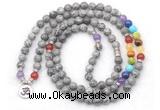 GMN7095 7 Chakra 8mm grey picture jasper 108 mala beads wrap bracelet necklaces