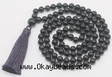 GMN822 Hand-knotted 8mm, 10mm black obsidian 108 beads mala necklace with tassel