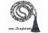 GMN8453 8mm, 10mm matte black water jasper 27, 54, 108 beads mala necklace with tassel