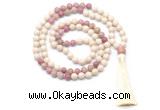 GMN8550 8mm, 10mm white fossil jasper & pink wooden jasper 108 beads mala necklace with tassel