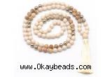 GMN8555 8mm, 10mm white fossil jasper, picture jasper & hematite 108 beads mala necklace with tassel