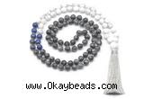 GMN8562 8mm, 10mm black labradorite, lapis lazuli & matte white howlite 108 beads mala necklace with tassel