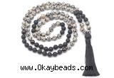 GMN8574 8mm, 10mm dalmatian jasper, black lava & garnet 108 beads mala necklace with tassel