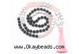 GMN8583 8mm, 10mm black agate, rose quartz & white howlite 108 beads mala necklace with tassel