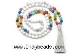 GMN8604 Hand-knotted 7 Chakra 8mm, 10mm white howlite 108 beads mala necklace with tassel