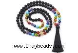 GMN8615 Hand-knotted 7 Chakra 8mm, 10mm black lava 108 beads mala necklace with tassel