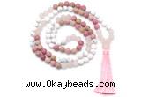 GMN8627 8mm, 10mm matte white howlite, red jasper & rose quartz 108 beads mala necklace with tassel