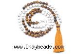 GMN8634 8mm, 10mm white howlite & yellow tiger eye 108 beads mala necklace with tassel