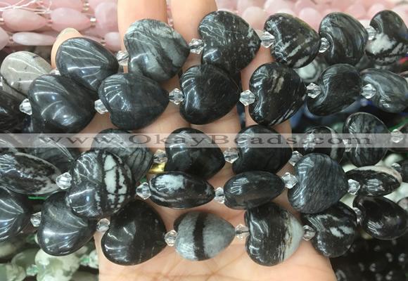 HGBS44 15 inches 20mm heart black net jasper gemstone beads wholesale