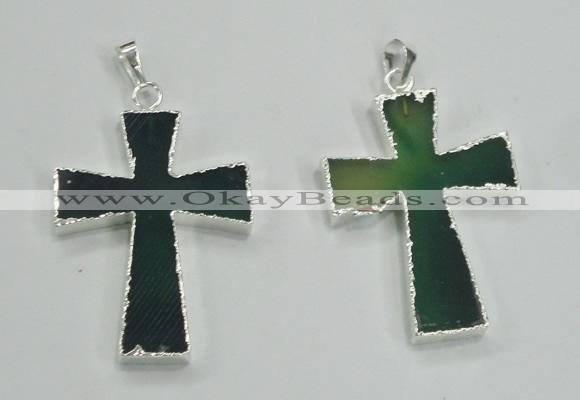 NGP1286 32*45mm cross green agate pendants with brass setting