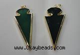 NGP1291 30*65mm green agate pendants with brass setting