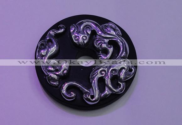 NGP2043 50mm carved silver plated matte black obsidian pendants