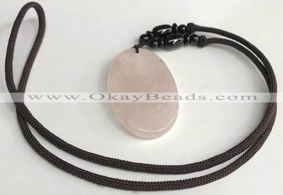 NGP5597 Rose quartz oval pendant with nylon cord necklace