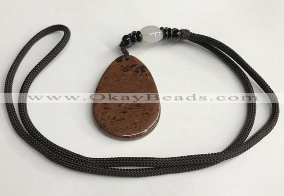 NGP5619 Mahogany obsidian flat teardrop pendant with nylon cord necklace