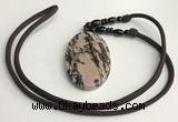 NGP5624 Rhodonite oval pendant with nylon cord necklace