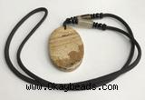 NGP5627 Picture jasper oval pendant with nylon cord necklace