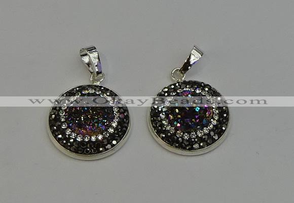 NGP6274 22mm flat round plated druzy agate pendants wholesale